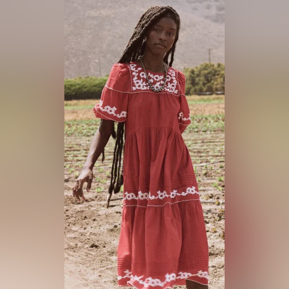 The Great Heirloom Red Midi Dress Floral Embroidered Cotton